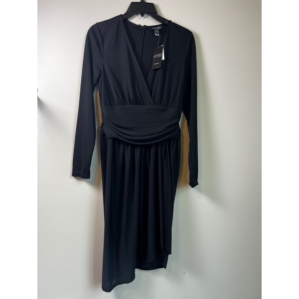 Lauren Ralph Lauren Black Long Sleeve Ruched Midi Stretch Jersey Dress SZ 2 NWT